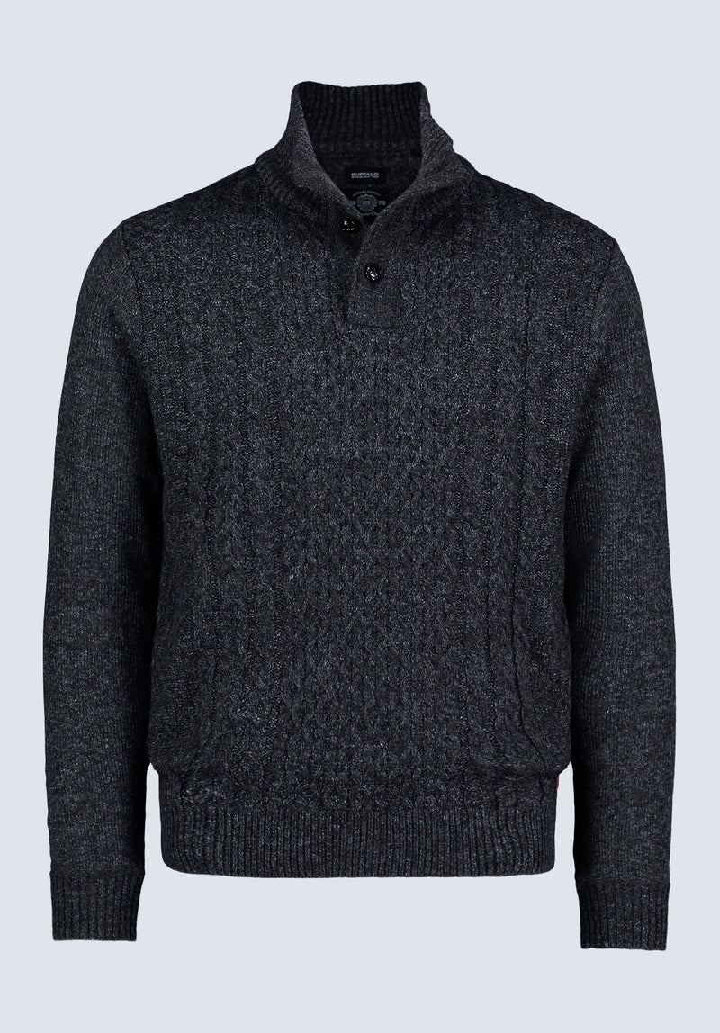 Watcher Men's Cable Knit Henley Sweater, Dark Grey - BPM14163