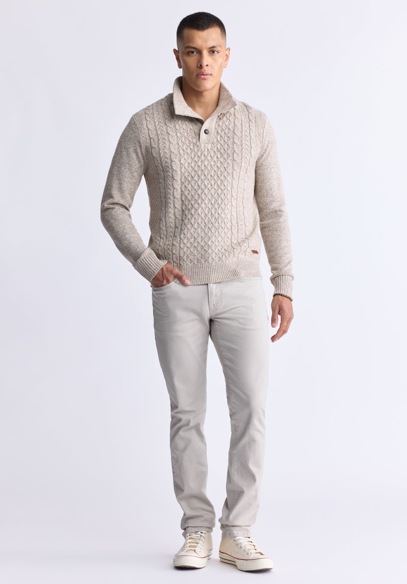 Watcher Men's Cable Knit Henley Sweater, Beige - BPM14163