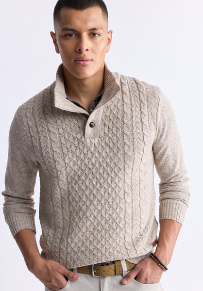 Watcher Men's Cable Knit Henley Sweater, Beige - BPM14163