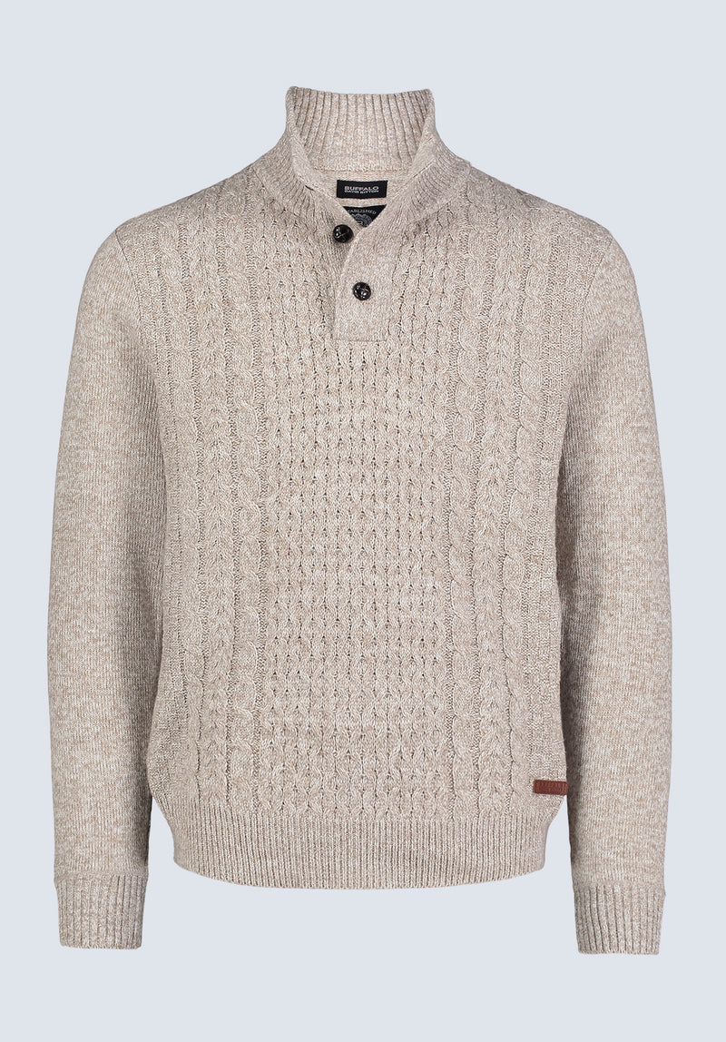 Watcher Men's Cable Knit Henley Sweater, Beige - BPM14163