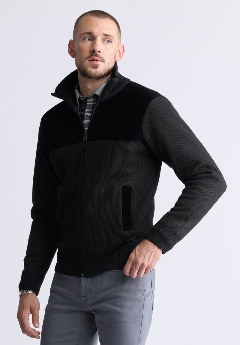 Watchman Men’s Contrasting High Neck Zip-up Sweater, Black - BPM14168