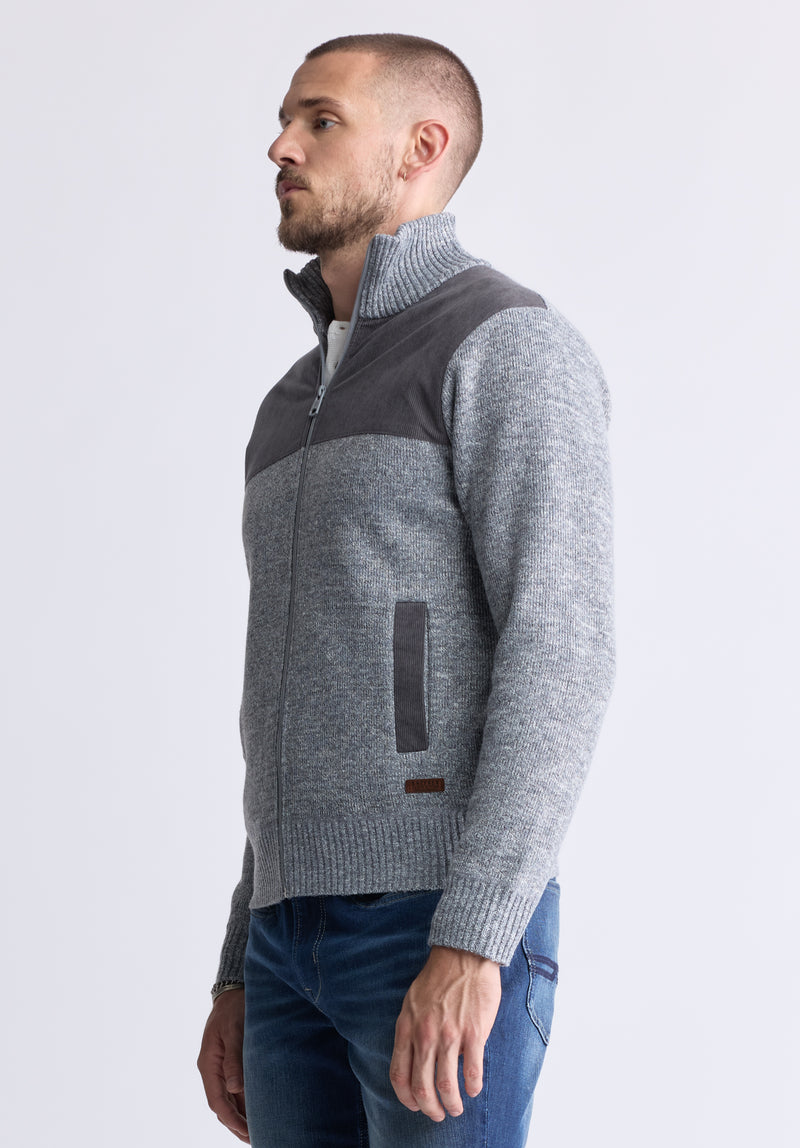 Watchman Men’s Contrasting High Neck Zip-up Sweater, Grey - BPM14168