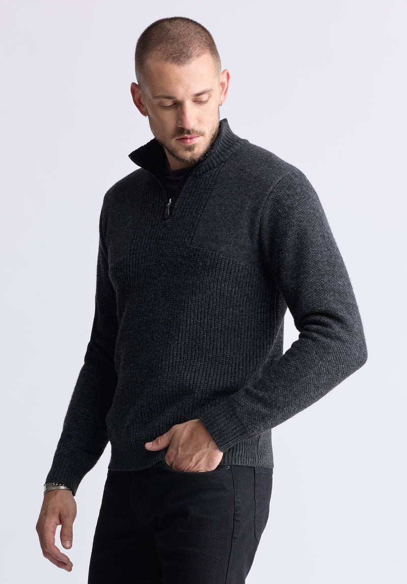 Wernek Men's Quarter-Zip Ribbed Knit Sweater, Dark Grey - BPM14177