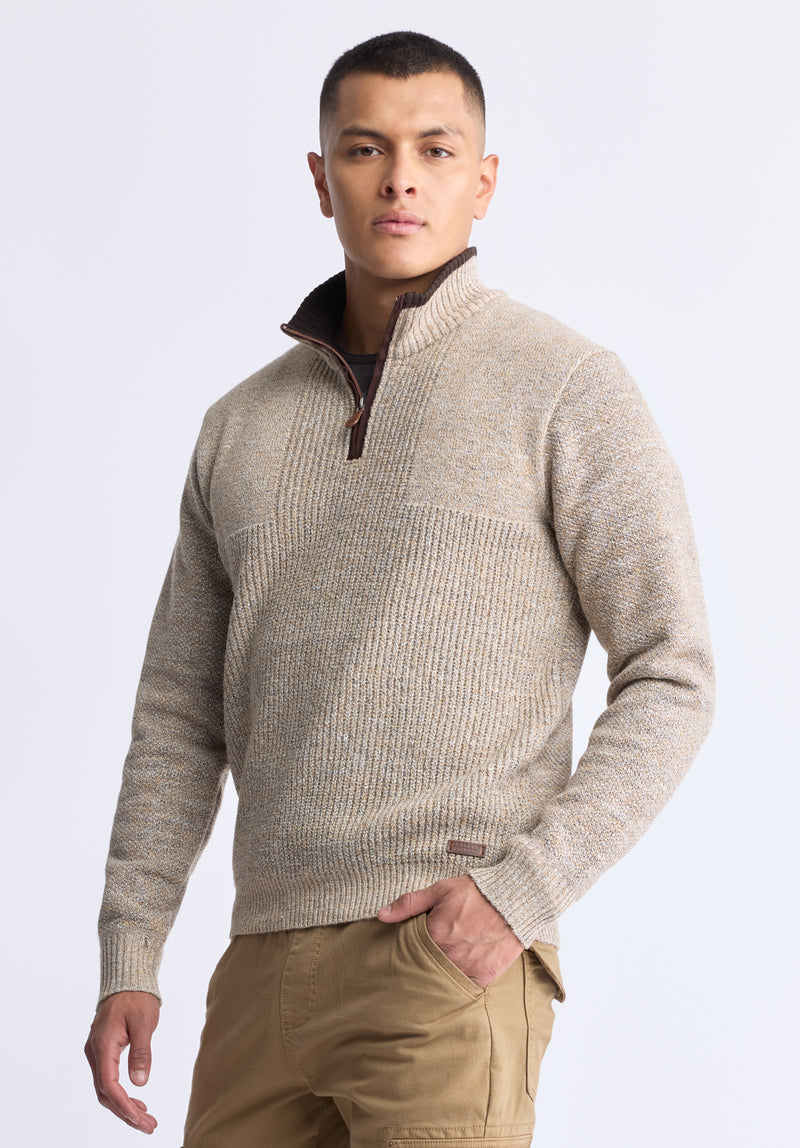 Werneck Men’s Quarter-zip Ribbed Knit Sweater, Beige - BPM14177