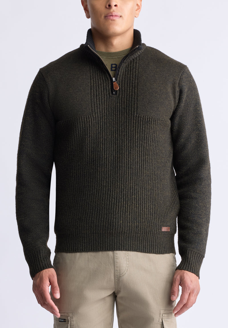 Werneck Men's Quarter-Zip Ribbed Knit Sweater, Army green - BPM14177