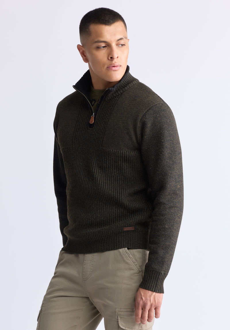 Werneck Men's Quarter-Zip Ribbed Knit Sweater, Army green - BPM14177