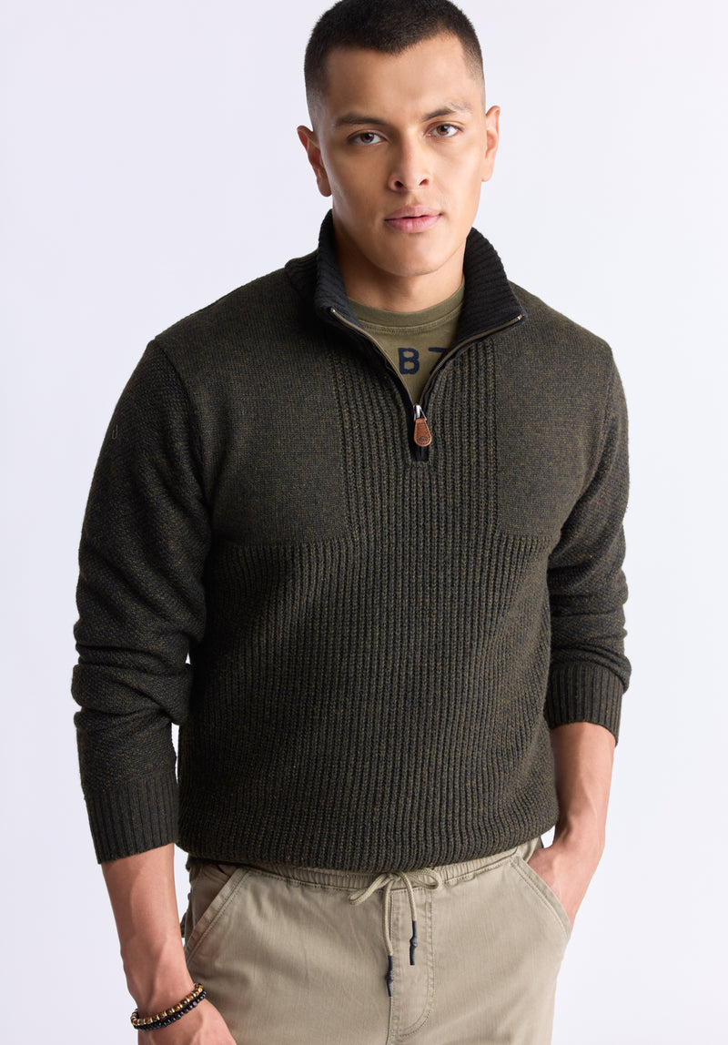 Werneck Men's Quarter-Zip Ribbed Knit Sweater, Army green - BPM14177