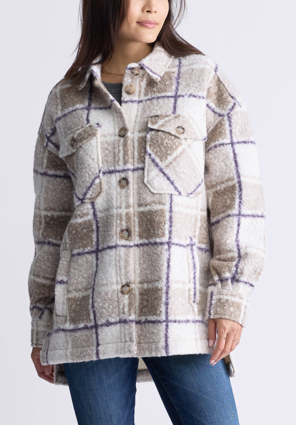 Buffalo David Bitton Royce Women's Oversized Plaid Sherpa Shacket, Beige & Purple - JK0033F Color PURPLE