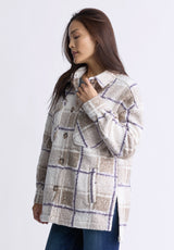 Buffalo David Bitton Royce Women's Oversized Plaid Sherpa Shacket, Beige & Purple - JK0033F Color PURPLE