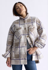 Buffalo David Bitton Royce Women's Oversized Plaid Sherpa Shacket, Beige & Purple - JK0033F Color PURPLE