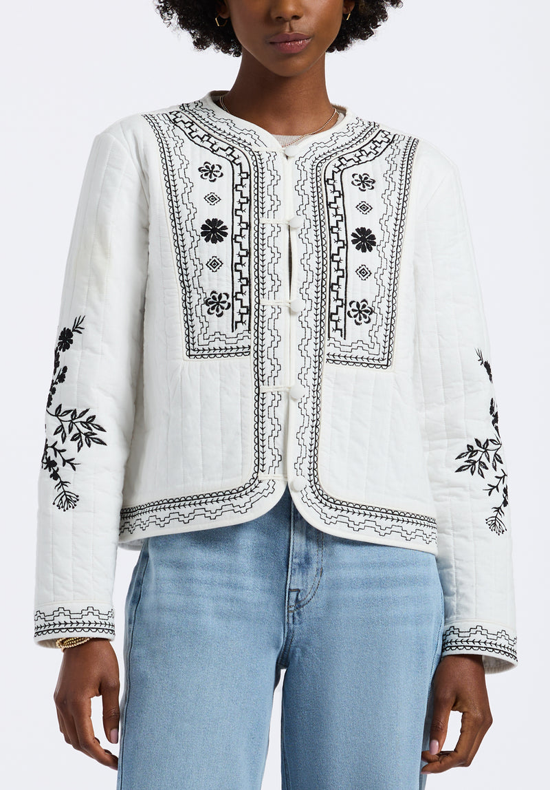 Ashleigh Women's Quilted Embroidered Button-Up Jacket, Egret - JK0048P