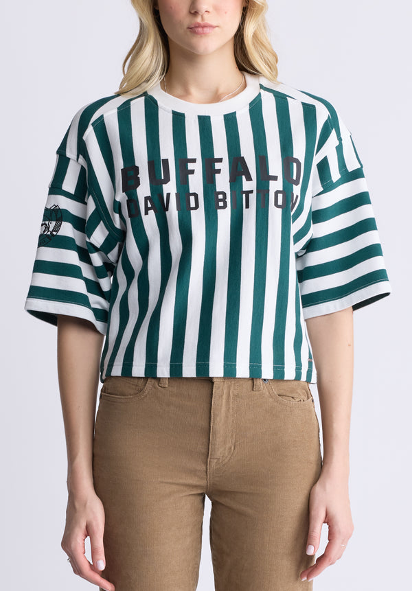 Buffalo David Bitton Kenza Women's Cropped Stripped T-Shirt, White & Green - KT0146F Color RAINFOREST