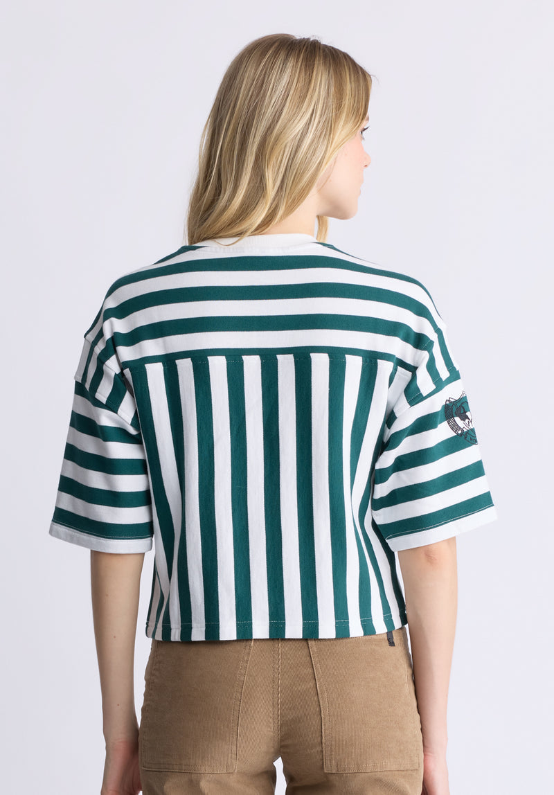 Buffalo David Bitton Kenza Women's Cropped Stripped T-Shirt, White & Green - KT0146F Color RAINFOREST