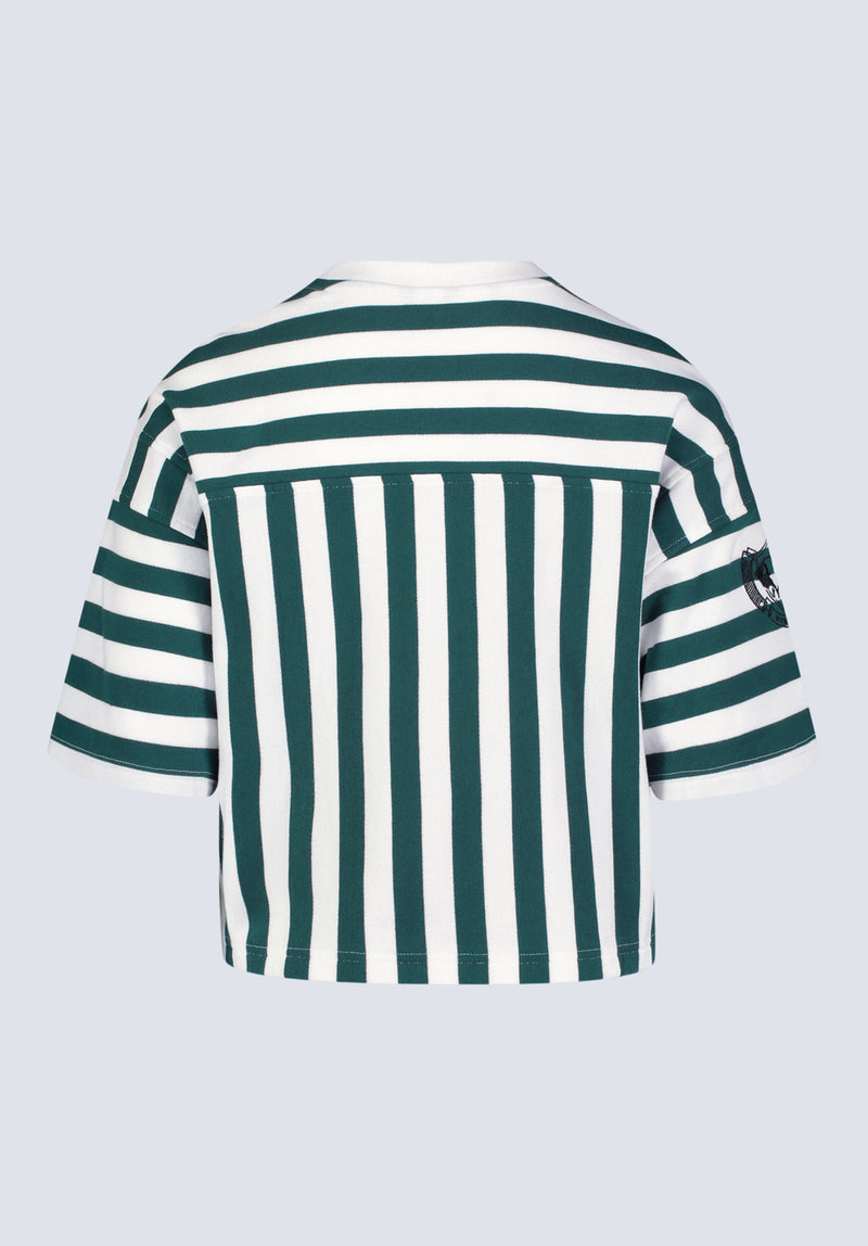 Kenza Women's Cropped Stripped T-Shirt, White & Green - KT0146F