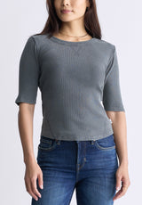 Buffalo David Bitton Tabbey Women's Elbow-Length Sleeve Ribbed Top, Raven Grey - KT0152F Color RAVEN