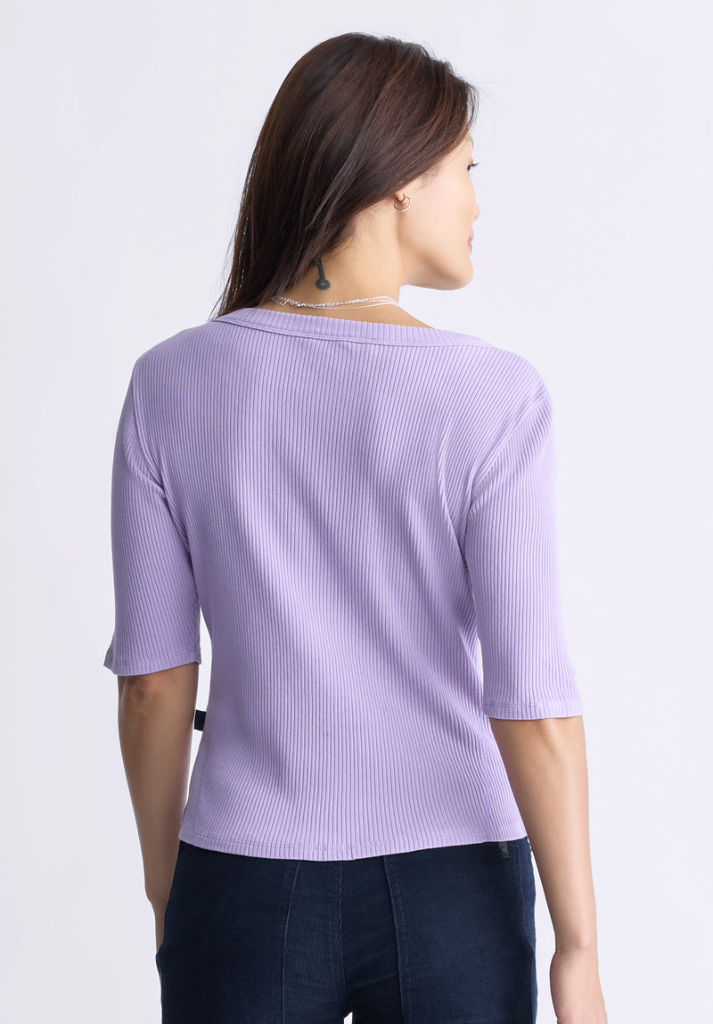 Buffalo David Bitton Tabbey Women's Elbow-Length Sleeve Ribbed Top, Purple - KT0152F Color PURPLE ROSE