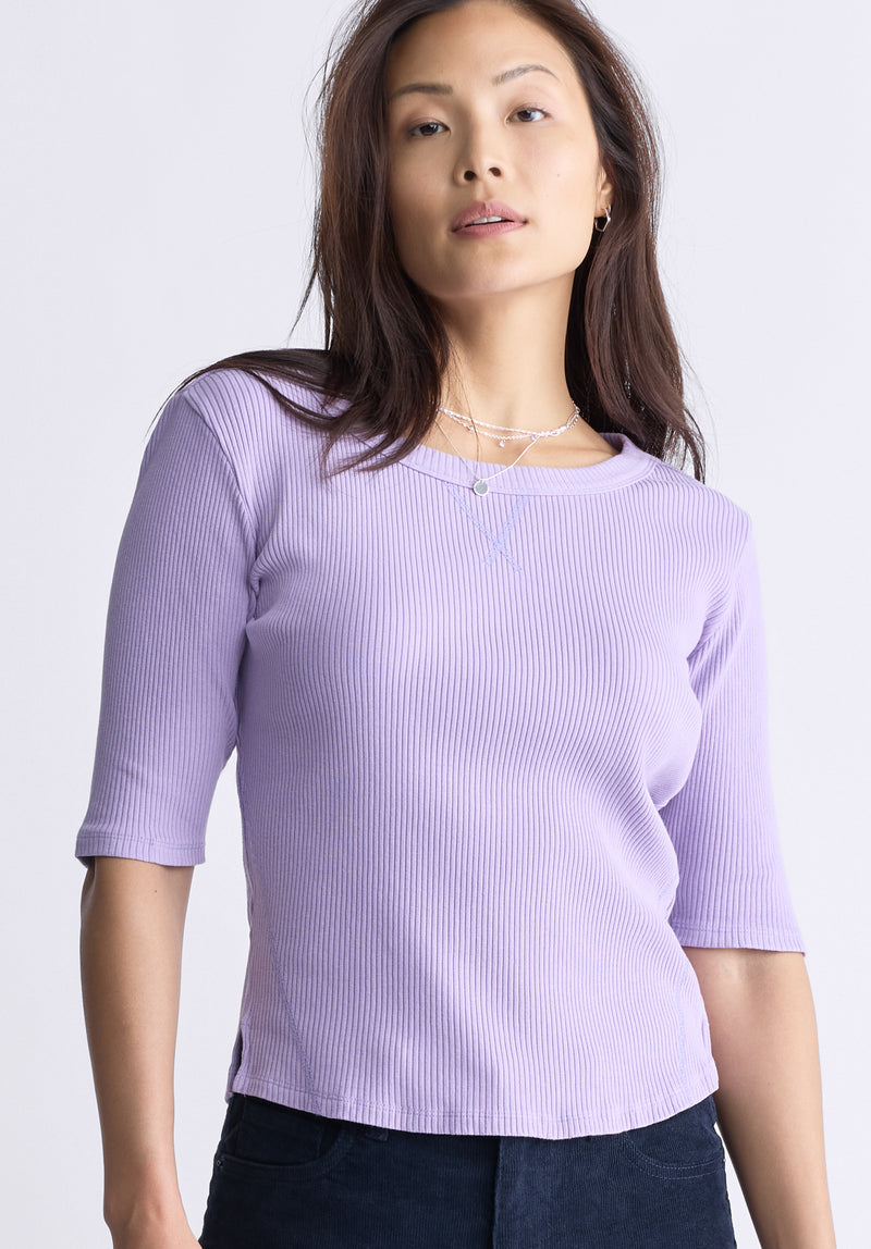 Buffalo David Bitton Tabbey Women's Elbow-Length Sleeve Ribbed Top, Purple - KT0152F Color PURPLE ROSE