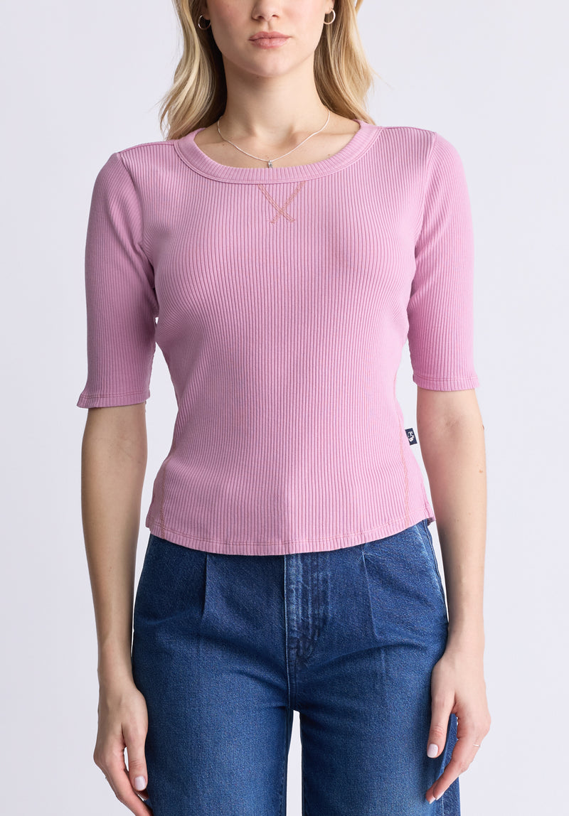 Buffalo David Bitton Tabbey Women's Elbow-Length Sleeve Ribbed Top, Lilas Pink - KT0152F Color LILAS