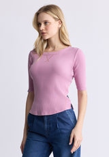 Buffalo David Bitton Tabbey Women's Elbow-Length Sleeve Ribbed Top, Lilas Pink - KT0152F Color LILAS