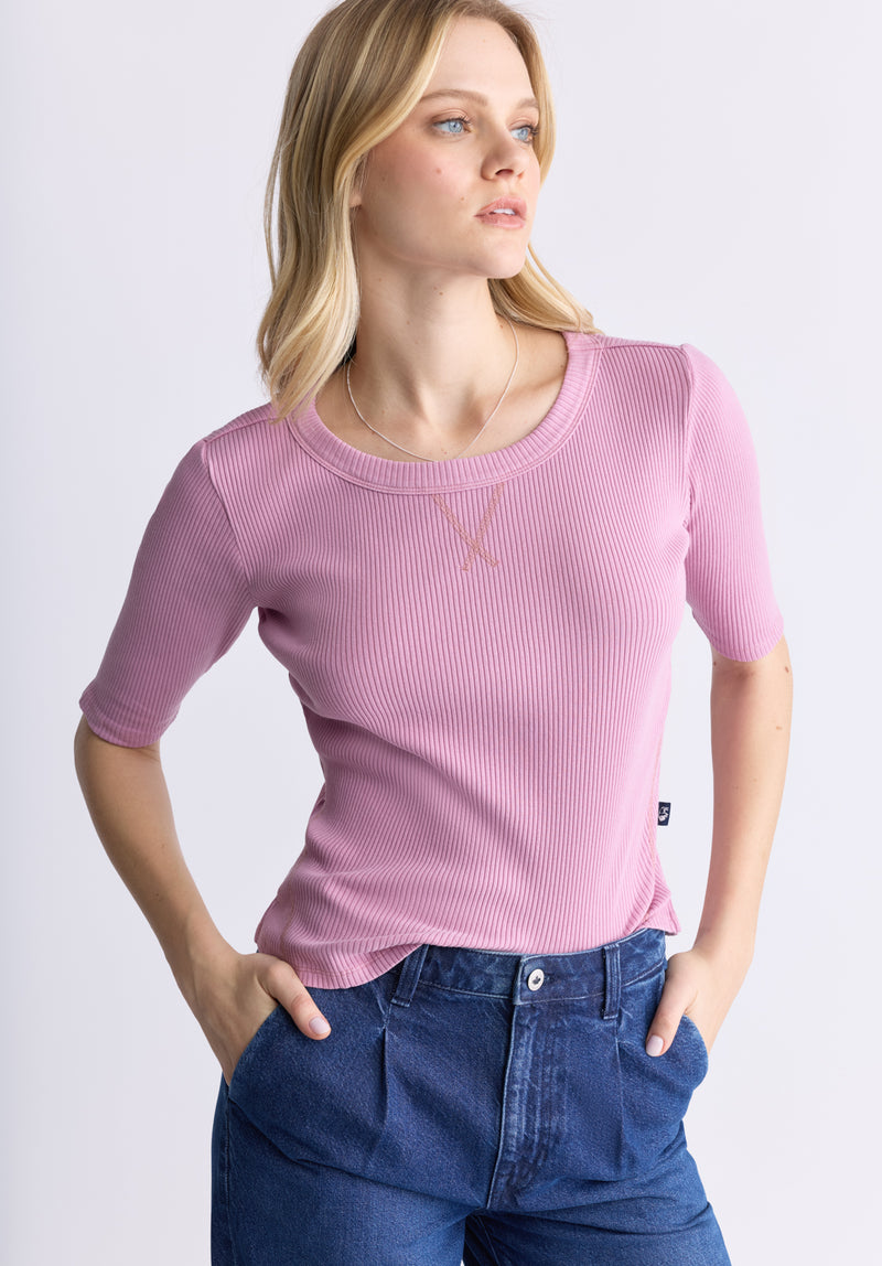 Buffalo David Bitton Tabbey Women's Elbow-Length Sleeve Ribbed Top, Lilas Pink - KT0152F Color LILAS