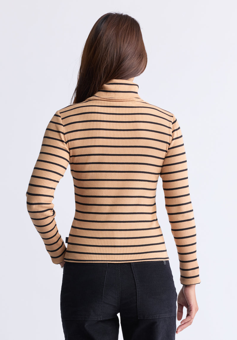 Mavra Women's Striped Ribbed Turtleneck Top, Beige - KT0161F