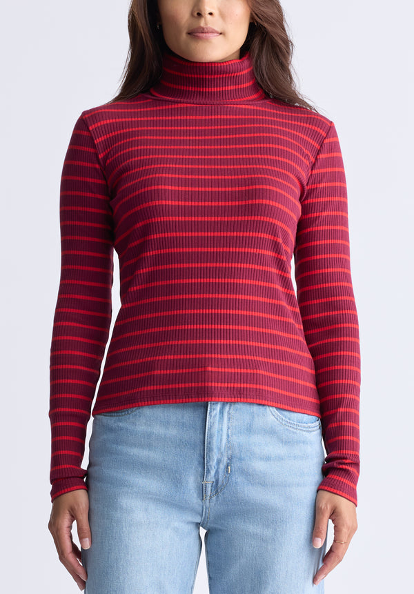 Mavra Women's Striped Ribbed Turtleneck Top, Red - KT0161F