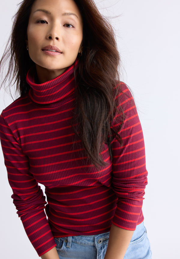 Mavra Women's Striped Ribbed Turtleneck Top, Red - KT0161F