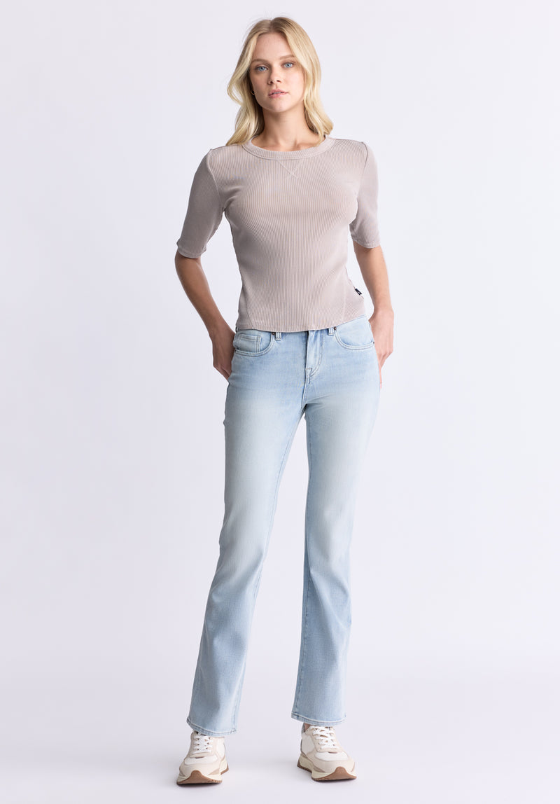 Buffalo David Bitton Tabbey Women's Ribbed Half-Sleeve Top, Taupe - KT0172H