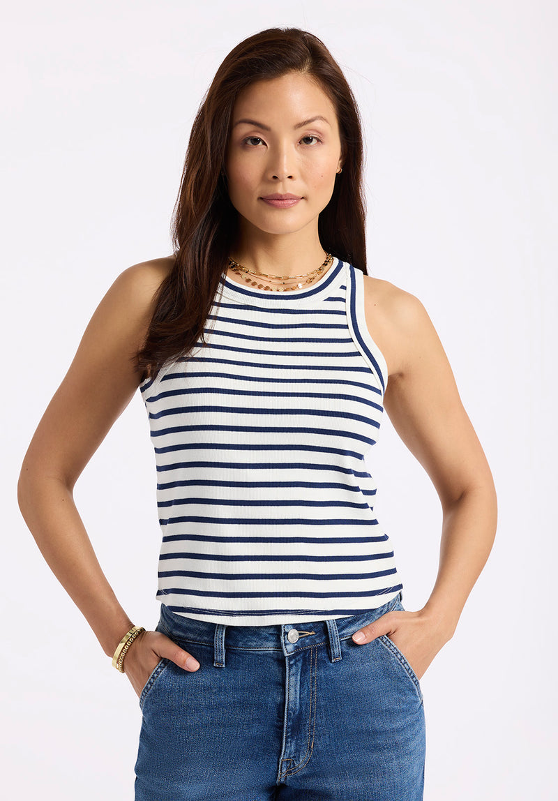 Regine Women's Ribbed Striped Tank Top, White & Navy - KT0175P