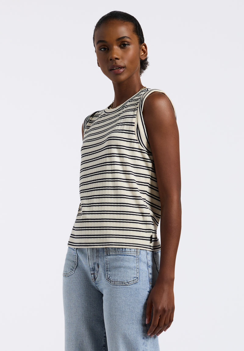 Elayne Women’s Striped Sleeveless Top, Marshmallow & Black - KT0180P