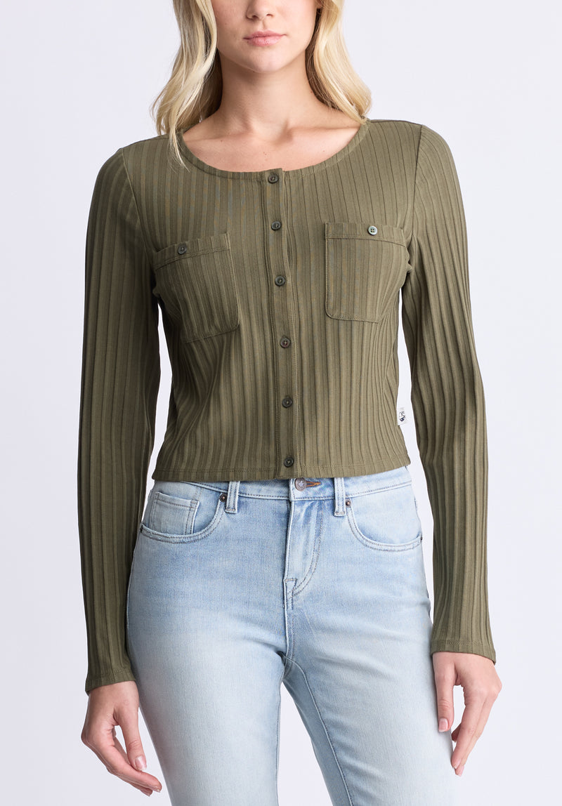 Buffalo David Bitton Albertina Women's Ribbed Long-Sleeve Button-Up Top, Olive green - KT0205H