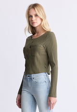 Buffalo David Bitton Albertina Women's Ribbed Long-Sleeve Button-Up Top, Olive green - KT0205H