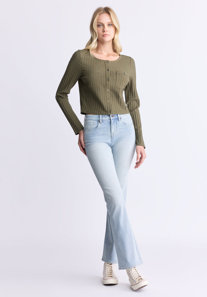 Buffalo David Bitton Albertina Women's Ribbed Long-Sleeve Button-Up Top, Olive green - KT0205H