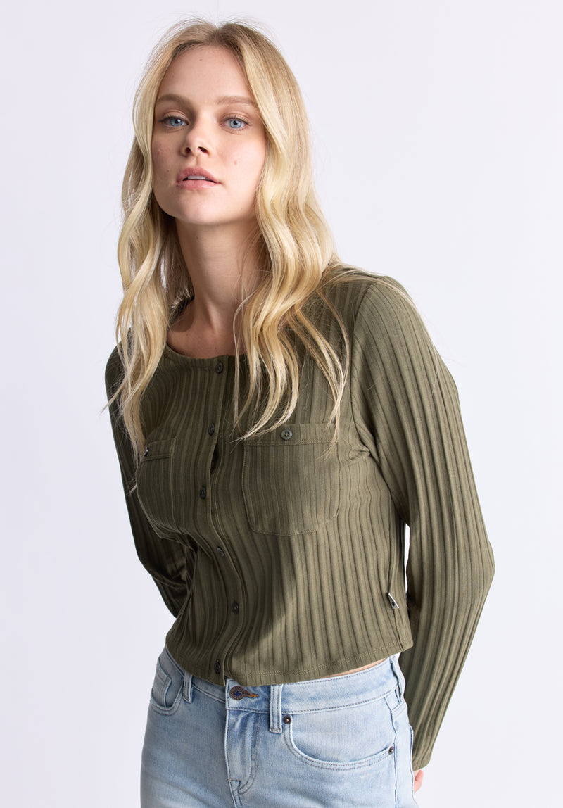 Buffalo David Bitton Albertina Women's Ribbed Long-Sleeve Button-Up Top, Olive green - KT0205H