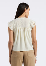 Mckaylie Women's Split Neck Flutter Sleeve Top with Embroidered Lace Details, Parchment - KT0210P