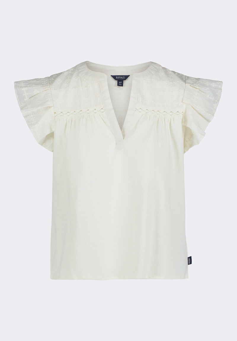 Mckaylie Women's Split Neck Flutter Sleeve Top with Embroidered Lace Details, Parchment - KT0210P