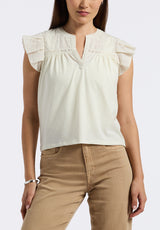 Mckaylie Women's Split Neck Flutter Sleeve Top with Embroidered Lace Details, Parchment - KT0210P