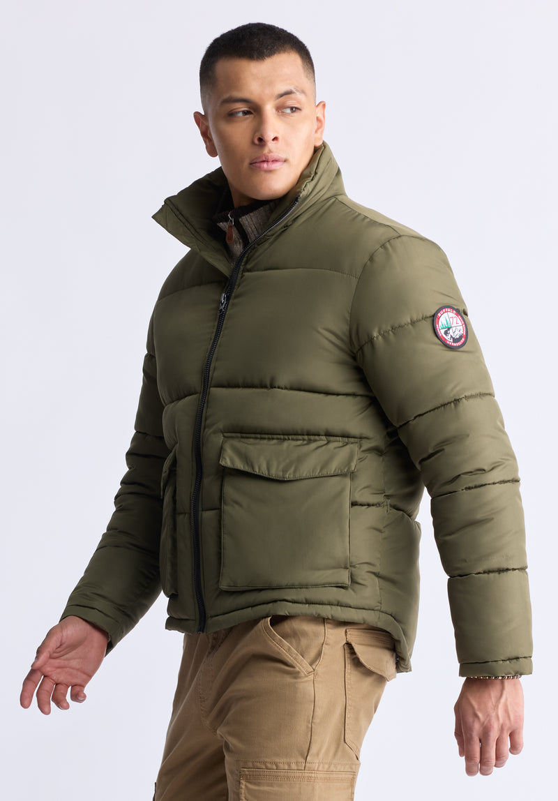 Nate Men’s Zip-up Puffer Jacket with Large Front Pockets, Army Green - OBMFE001