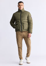 Nate Men’s Zip-up Puffer Jacket with Large Front Pockets, Army green - OBMFE001