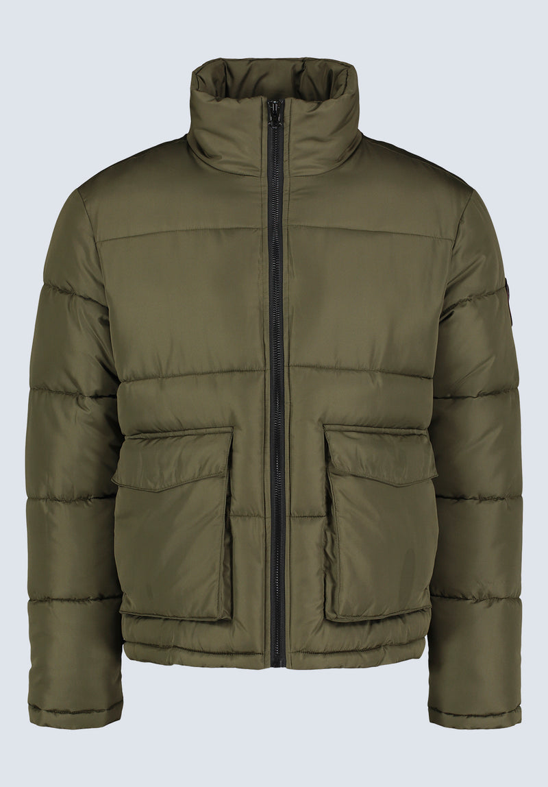 Nate Men’s Zip-up Puffer Jacket with Large Front Pockets, Army green - OBMFE001