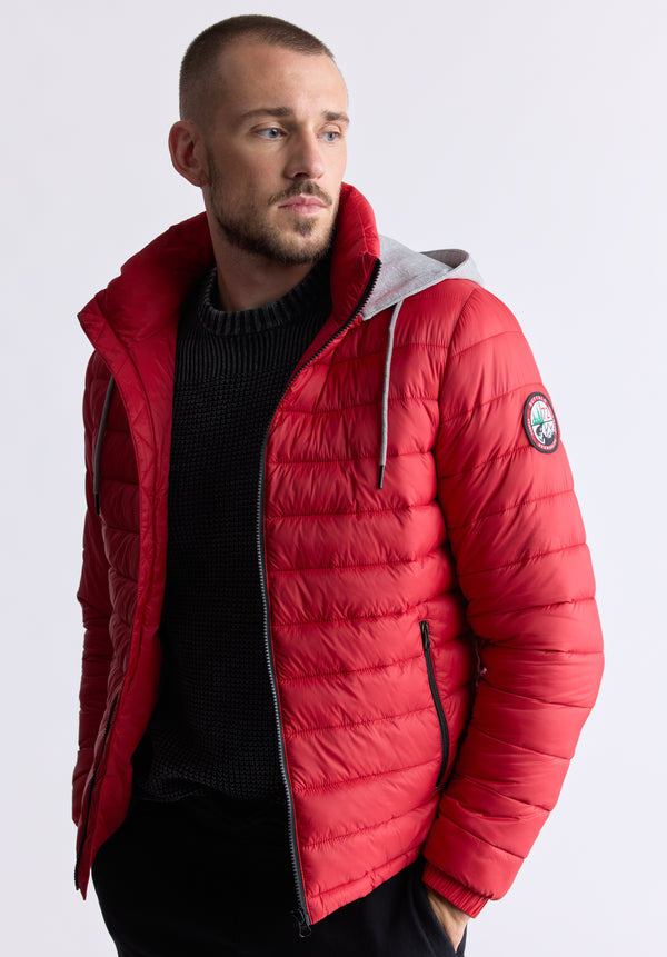 Vince Men’s Quilted Puffer Zip-Up Jacket with Contrasting Hoodie, Red - OBMFE003