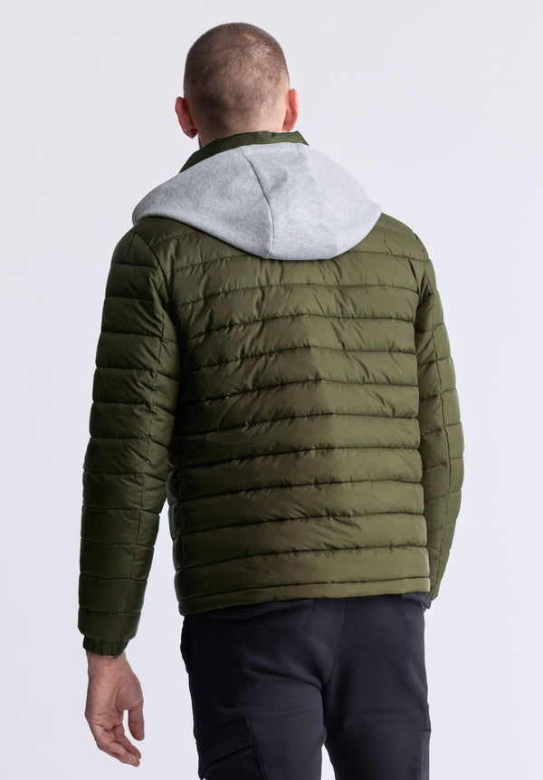 Vince Men’s Quilted Puffer Zip-Up Jacket with Contrasting Hoodie, Green - OBMFE003