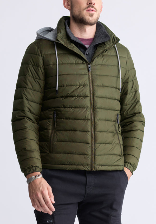 Vince Men’s Quilted Puffer Zip-Up Jacket with Contrasting Hoodie, Green - OBMFE003