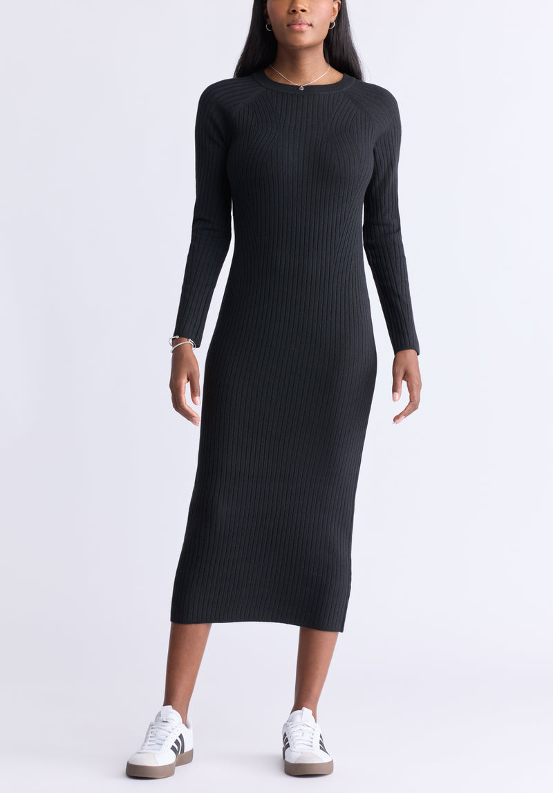 Jaida Women’s Long Sleeve Rib Knit Dress, Black - SD0004F