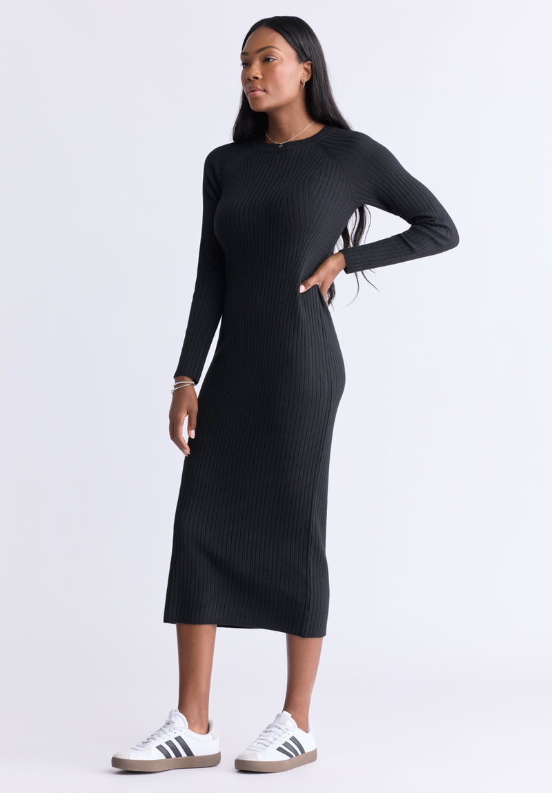 Jaida Women’s Long Sleeve Rib Knit Dress, Black - SD0004F