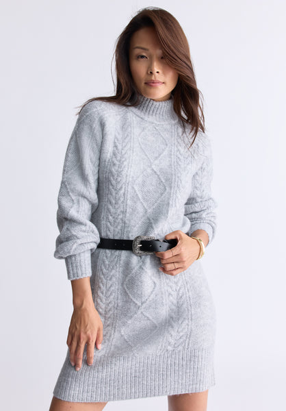 Levelle Women's Cable Knit Turtleneck Sweater Dress, Grey - SD0005H