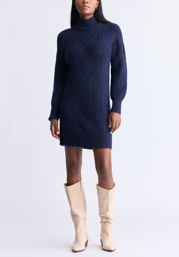 Levelle Women's Cable Knit Turtleneck Sweater Dress, Navy - SD0005H