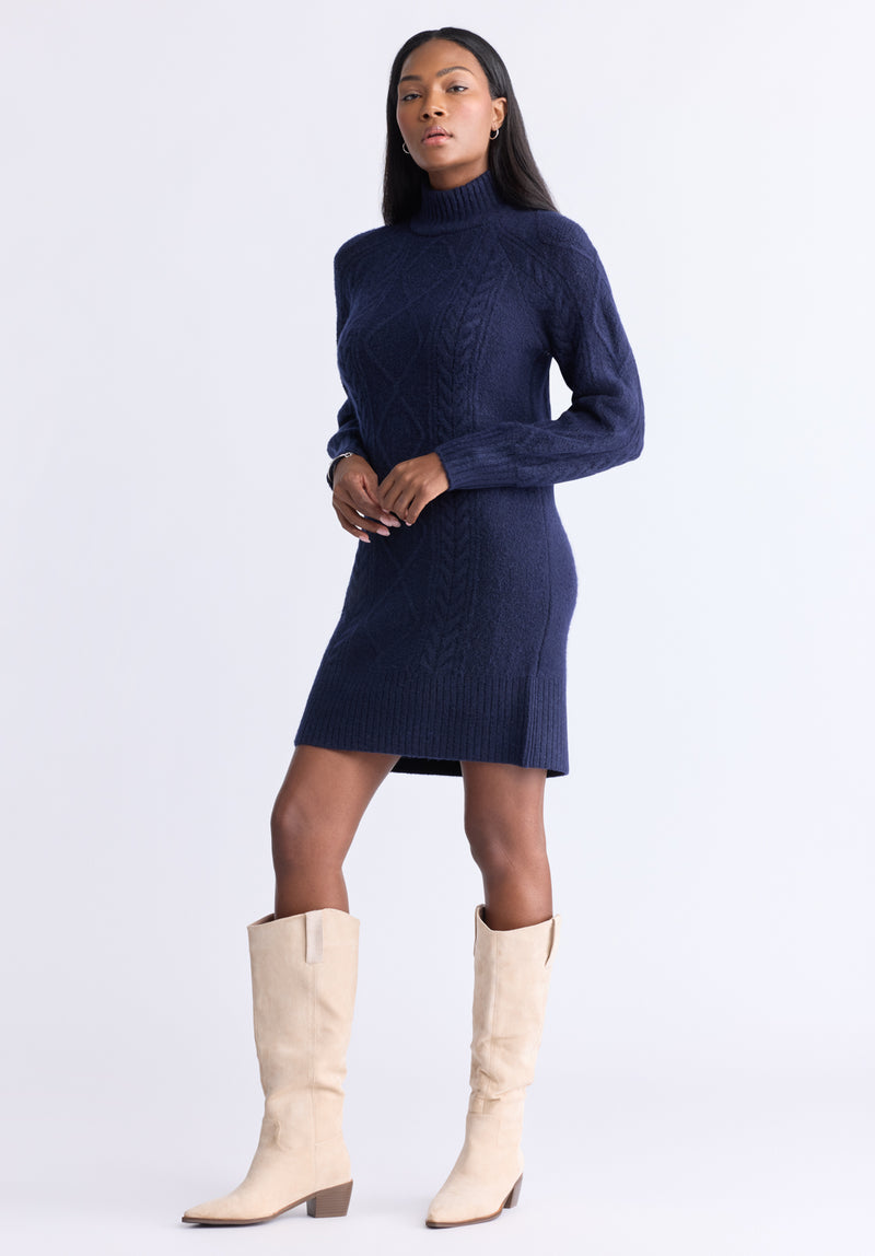 Levelle Women s Cable Knit Turtleneck Sweater Dress Navy SD0005H Buffalo Jeans