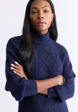 Levelle Women's Cable Knit Turtleneck Sweater Dress, Navy - SD0005H