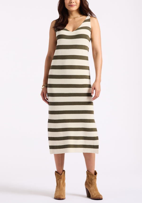 Orindella Women's Sleeveless Striped Knit Midi Dress, Beige & Olive - SD0010P